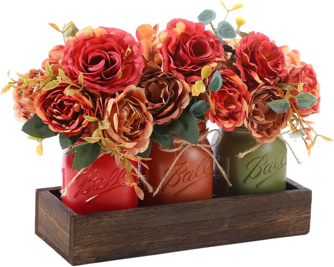 Capoda 3 Pcs Fall Mason Jar Centerpiece Table Decorations Farmhouse Coffee Table Decor with Wood Tray Autumn Centerpieces for Dining Room Living Kitchen Bathroom Thanksgiving Decorations