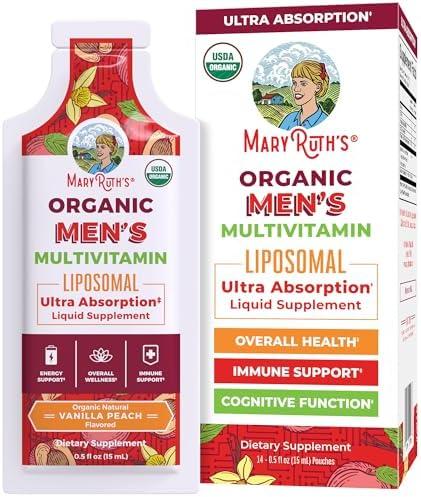 MaryRuth Organics Multivitamin for Men | USDA Organic | Sugar Free Mens Multivitamin Liposomal | Liquid Vitamins for Men | Immune Support Supplement & Overall Wellness | Vegan | 14-0.5 Fl Oz Pouches (BB 09/2026)