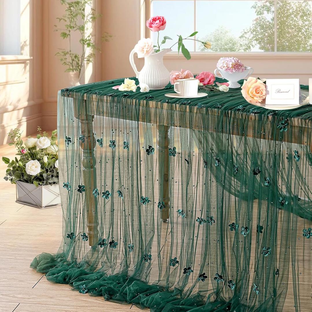 LuoluoHouse Pearl Tulle Tablecloth 10ft Emerald Green Flower Pearl Table Runner Sheer Gauze Fabric Wedding Lace Table Linen for Arch Bridal Shower Veil Sweetheart St.Patricks Table Decorations