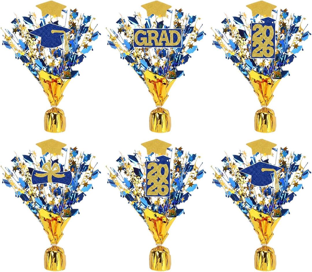 Capoda 6 Pack Graduation Table Centerpiece Party Decoration Metallic Foil Spray Centerpiece Glitter Star Tabletop Decor for 2026 Graduation Party Congrats Grad Decor Supplies(Grad,Blue Gold)