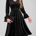 Meetjen Women's Velvet Midi Dress V Neck Long Sleeve Elastic Waist Smocked Elegant Cocktail Party Dresses 2025, Size: M