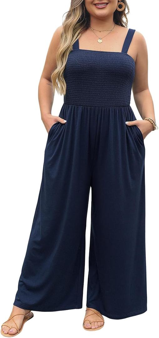Eytino Plus Size Jumpsuit for Women Spaghetti Strap Sleeveless Overalls Stretchy Wide Leg Pants Long Rompers with Pockets (1X, Navy Blue)