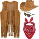 choyaxo Western Cowgirl Outfits Set Including Fringe Vest Cowgirl Hat Heart Shaped Sunglasses and Bandana for Women Halloween (Large, Brown)