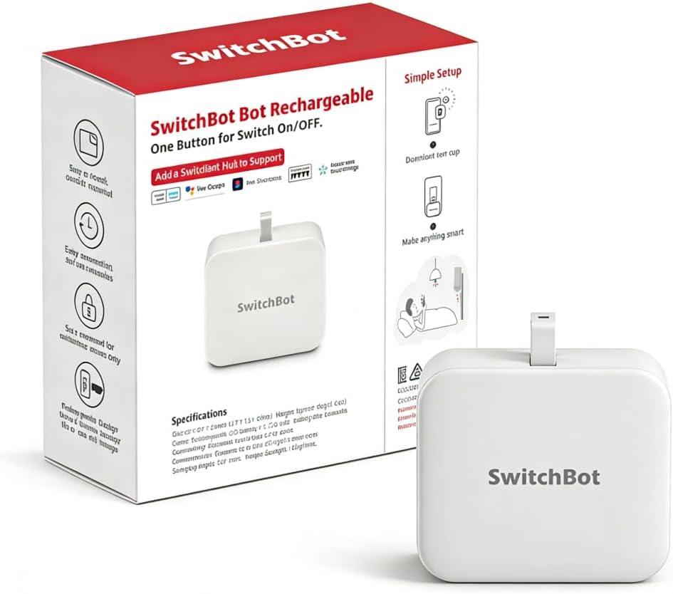 SwitchBot Rechargeable Smart Switch Button Pusher (Bluetooth)  Fingerbot for Rocker/One-Way Buttons, App Timer Control, No Wiring, Optional Hub for Voice/Remote, White