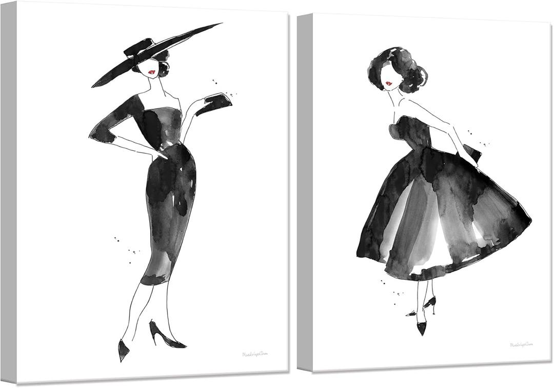 2 Pieces Fashion Women Canvas Wall Art Trendy Models Painting Black and White Funky Poster Pictures Framed Artwork for Bedroom Bathroom Makeup Room Decor 12"x16" (30cmx40cm)