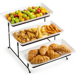 LYEOBOH Tiered Serving Stand and Platters Set, Large Tiered Tray Stand, 3 Tier Serving Tray with Collapsible Sturdier Rack, 12 Inches Tier Serving Platter for Party, Display, Dessert, and Cupcake (Black)