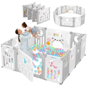 Baby Playpen, Dripex Baby Playard for Babies and Toddlers, 14-Panel Foldable Playpen Adjustable Portable Play Area, Indoor/Outdoor Kids Active Center with Game Panel & Safety Gate, Grey White