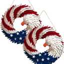 2 Pcs 4th of July Hanging Door Sign Eagle Wreath 250th Anniversary Decorations Patriotic Door Hanger American Wooden Plaque for Wall Front Porch Memorial Day Decor