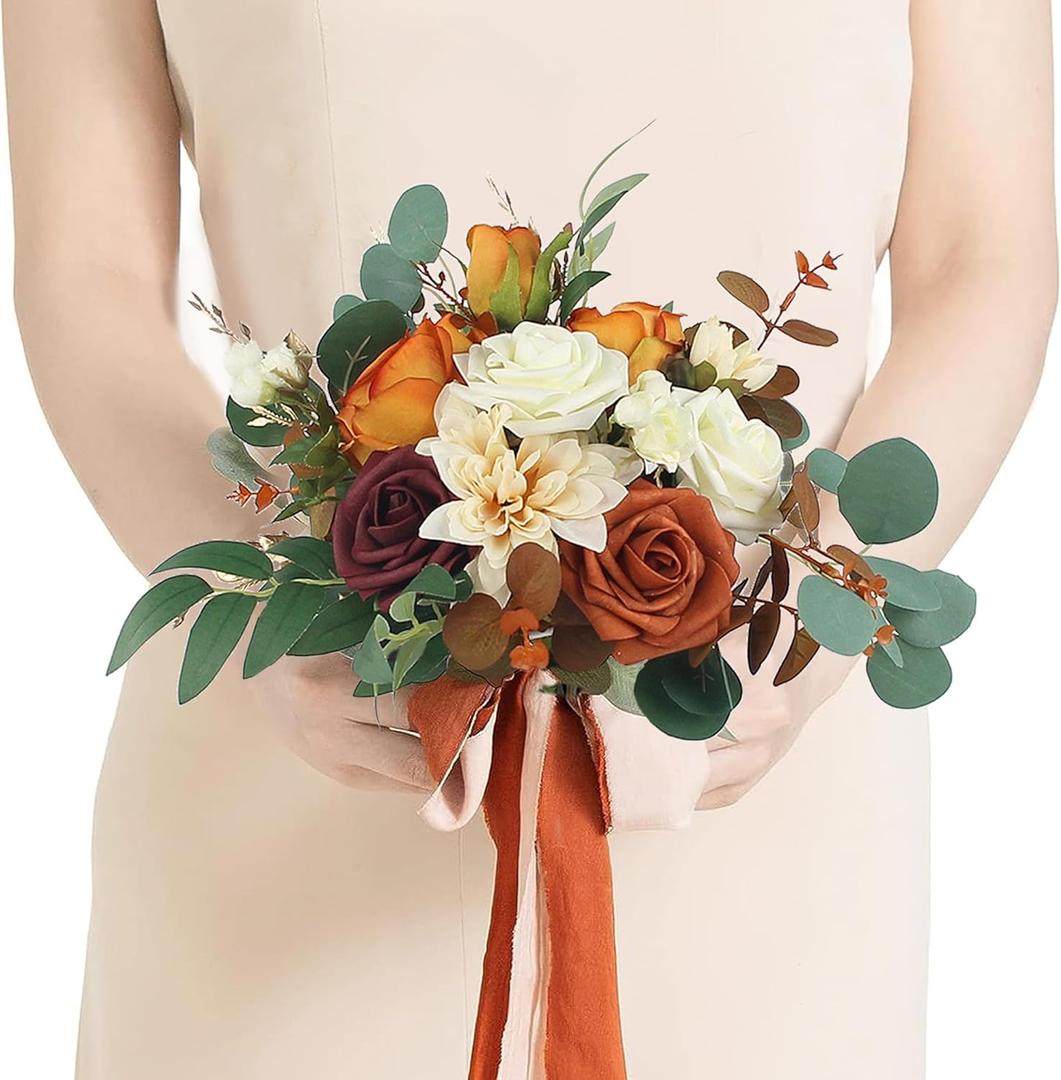 Rinlong 1Pc Burnt Orange Fall Wedding Bouquets for Bridesmaids, Terracotta Silk Flowers for Bridal Party, Premade Floral for Destination Wedding, Prom & Homecoming (one, 01-terracotta & Green)