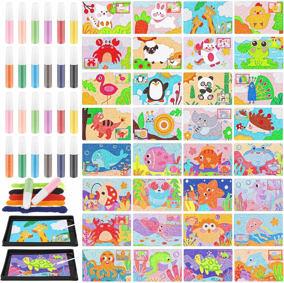 Tenceur 58 Pcs Kids' Sand Art Kits Color Craft Sand Art Pictures Peel and Stick 12 Color Kit Painting Board Painting Tray Brush Bottles for Kids DIY Crafts Gifts (Underwater World and Animal World)