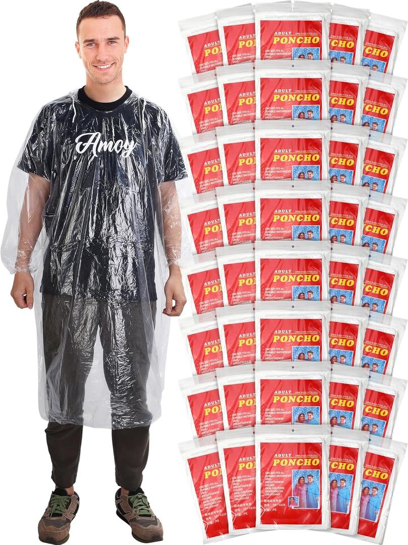 40 Pack Disposable Rain Ponchos for Adults Disposable Ponchos Pack with Drawstring Hood Elastic Sleeves Raincoat for Camping (Clear White)
