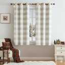 Short Tan White Buffalo Plaid Full Blackout Window Curtains Checkered Vintage Linen Textured Grommet Panels Thermal Insulated Drapes Farmhouse Bedroom Window Treatment,Living Room,40"x63"x2