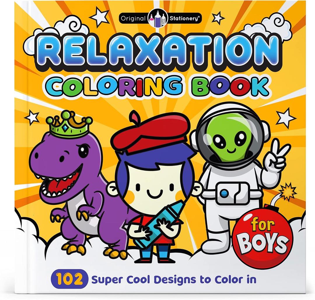 Original Stationery Arts and Crafts Relaxation Coloring Books for kids ages 4-8 with 102 Pages to Color in, Half an Inch Thick, Great Coloring Books for Boys and Awesome 7 Yr Old Boy Gifts