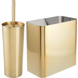 mDesign Modern Compact Freestanding MetalToilet Bowl Brush and Rectangle Open Wastebasket Garbage Can Combo Set for Bathroom Storage - Sturdy, Deep Cleaning - Brass