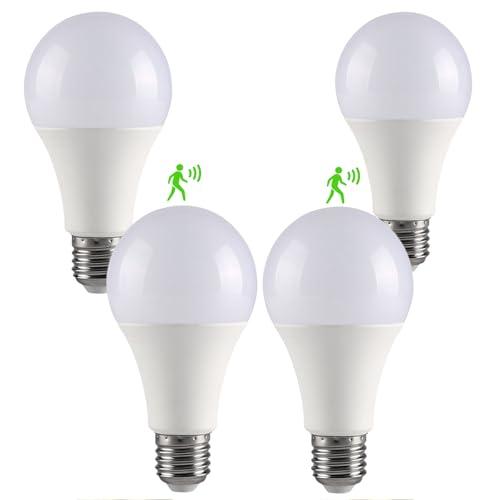 4 Pack Motion Sensor Light Bulbs,12W (100W Equivalent), Motion Activated Dusk to Dawn A19 E26 LED Bulb, Glass-Penetrating Sensor, Upward/Downward Mounting, Indoor & Outdoor for Garage, Porch, Hallway