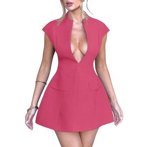 YMDUCH Women's Sexy Deep V Neck Cap Sleeve A-line Mini Club Party Dress Rose Medium