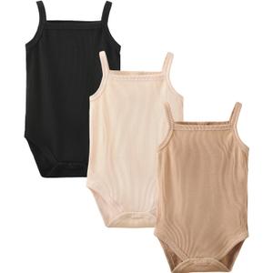 OPAWO Onsies for Baby Girls' Bodysuits 3 Pack Neutral Baby Clothes Spaghetti Strap & Long Sleeve Fall Baby Undershirt 0-2T (6-9 Months, Black/Apricot/Beige)