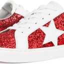 PARTY Women's Fashion Sneaker Lace Up Low Top Comfortable Cushioned Walking Shoes, Podcast, RED Glitter, 8