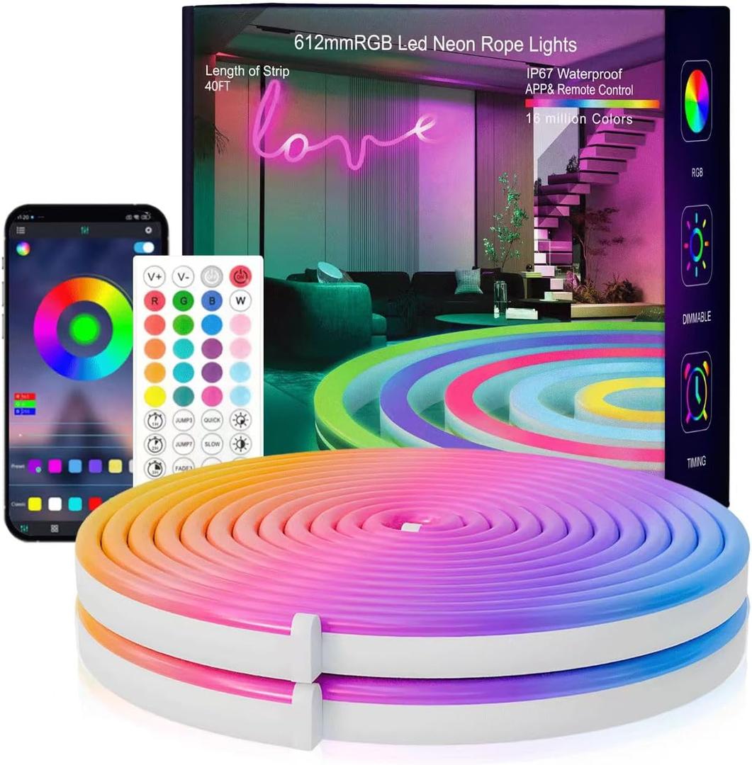 Neon Rope Lights, 40FT2 Rolls of 20ft  RGB Led Strip, Waterproof IP67, DIY Design, Music Sync, 44 Keys Remote Control, Multiple Modes, for Living Room, Bedroom, Holiday Decoration