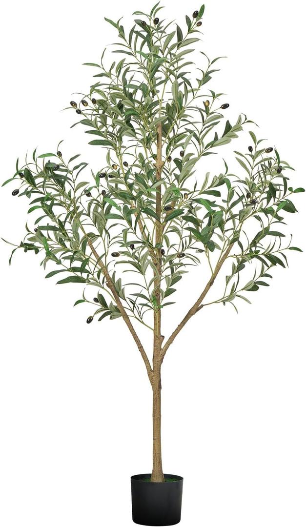 VEVOR 5FT Artificial Olive Tree with Black Pot, Tall Fake Tree with Natural Wood Trunk & Realistic Green Leaves and Fruits, Indoor Faux Plant for Home, Office, Living Room, Corner Decor