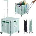 Folding Utility Cart Portable Rolling Crate Handcart Shopping Trolley Collapsible Tool Box, with Lid, on 4 Rotate Wheels, for Grocery, Shopping, Office, Camp, Teacher (Green)