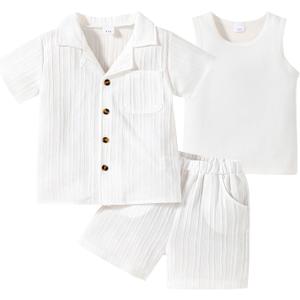 Kid Toddler Boy Clothes Short Sleeve Button-Down Shirt+Shorts+White Vest Summer Clothing Set 2-12 Years (White, M)