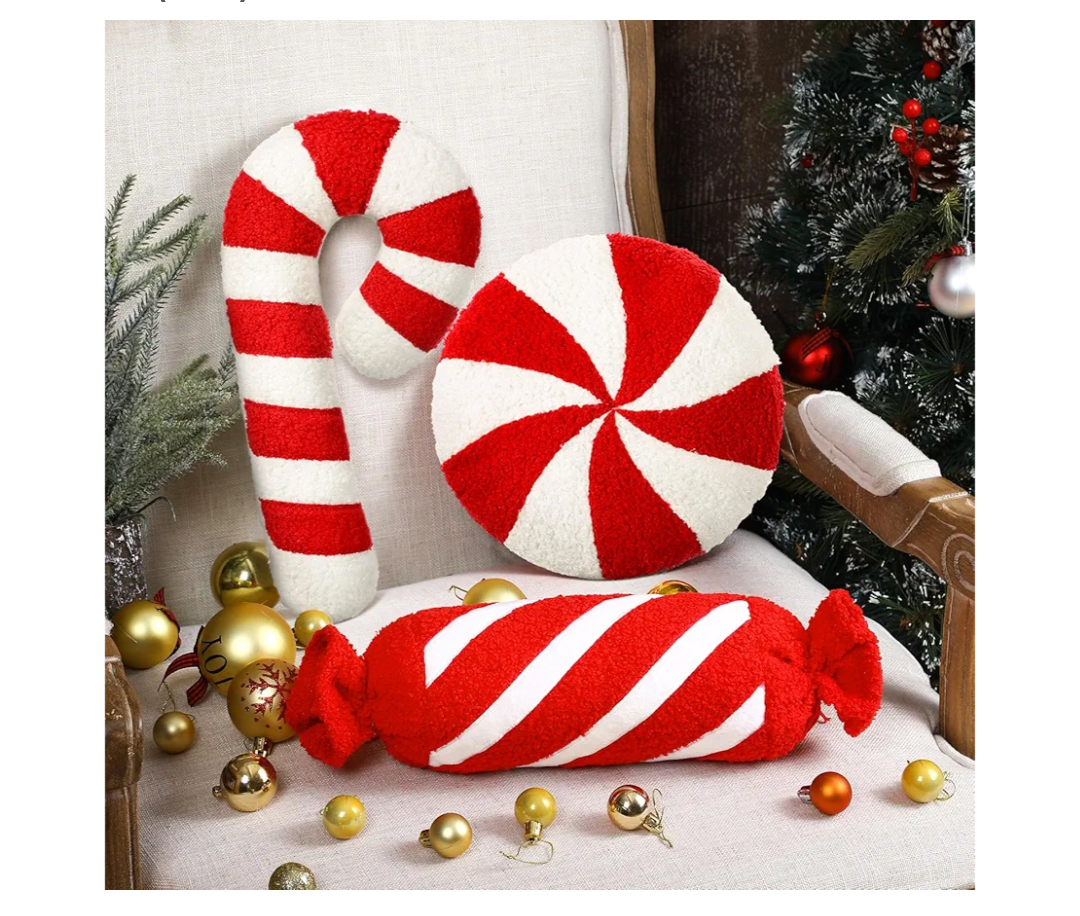 3 Pcs Christmas Pillows Decorative Throw Pillows Candy Merry Christmas Tree Stuffed Wool Soft Xmas Plush Cushion for Sofa Couch Bedroom Living Room (Red)