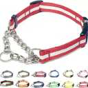 Martingale Collar for Dogs,Adjustable Nylon Collars with Quick Release Buckle,Multicolor Stripe,Stainless Steel Chain NO Pull Training Collars for Samll Medium Large Dogs(Red and White,L) (L-(Dogs neck 21-27inches))