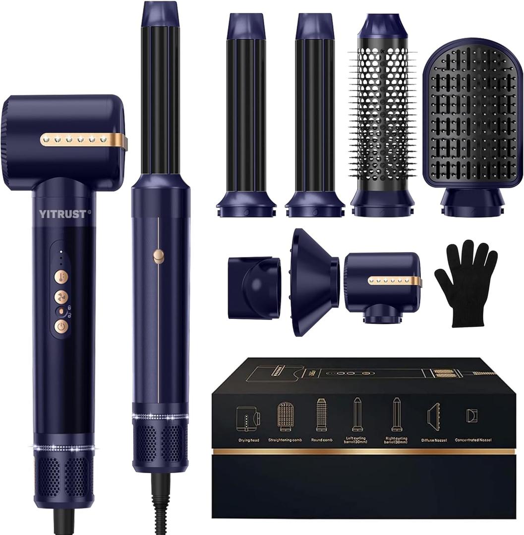 Blow Dryer Brush 7inONE,110000RPM High-Speed Negative Ionic Hair Dryer with Diffuser Concentrator,Curling Iron Hair Straightener Round Brush Blow Out Magic Styler (Blue)