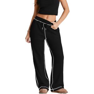 Herseas High Waisted Sweatpants for Women 2025 Fall Wide Leg Contrast Stitching Drawstring Loose Lounge Jogging Pants (Black, L)