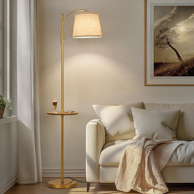 AIDENOEY Fully Dimmable Floor Lamp for Living Room，Standing Lamp Rotary Switch with Table&Linen Beige Shade，Brown Tall Lamps for Bedroom with Adjust Head，9W LED Bulb Included Gold-1