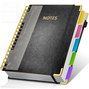 Hardcover Spiral Notebook Journal, 8"x10" Large B5 Notebooks with Removable Dividers Tabs, 300 Pages Leather 5 Subject Notebook College Ruled, Journal for Work School Note, 100 GSM Thick Paper,Black
