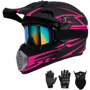 Youth Kids Motocross Helmet DOT Approved, Adult ATV Dirt Bike Off-Road Full Face Motorcycle Helmet with Goggles Gloves Mask for Boys Girls,Lightweight Breathable for Riding  (Small, Pink)