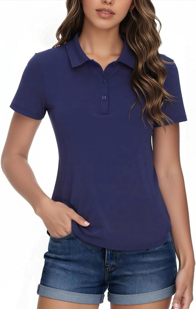 ZANZEA Polo Shirts for Women Short Sleeve Slim Fit Golf Tennis Tops | UPF 50+ Sun Protection, Breathable Moisture Wicking Fabric, Athletic Collared T-Shirt for Outdoor Sports (Blue, XL)