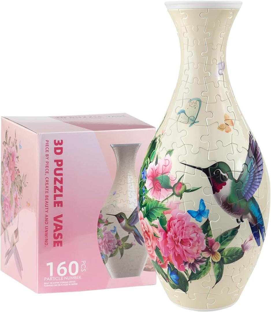 3D Puzzles Vase for Adults, 160 Pieces Plastic DIY Unique Pattern Vase, Crafts for Adults, Housewarming Gift Birthday Gifts for Flower Arrangements and Home Decor (Flowers and Hummingbird)