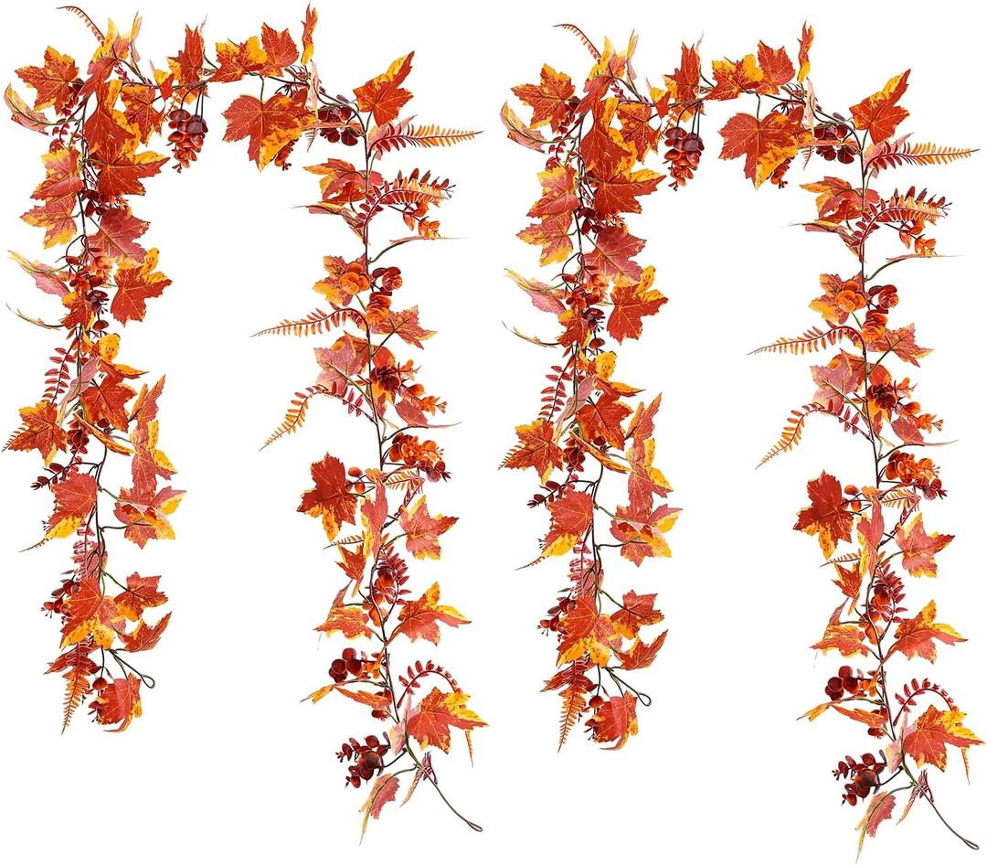 2 x 6ft Fall Maple Leaves Garland with eucalyptus leaves and ferns leaves, Autumn Harvest Garland for Thanksgiving, Halloween, Fireplace, Porch ,Mental and Indoor Outdoor Decoration (2pcs) (Yellow)