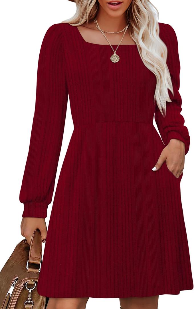 OFEEFAN Womens Knit Sweater Dress with Pockets Square Neck Long Sleeve Dresses (Small, Burgundy)