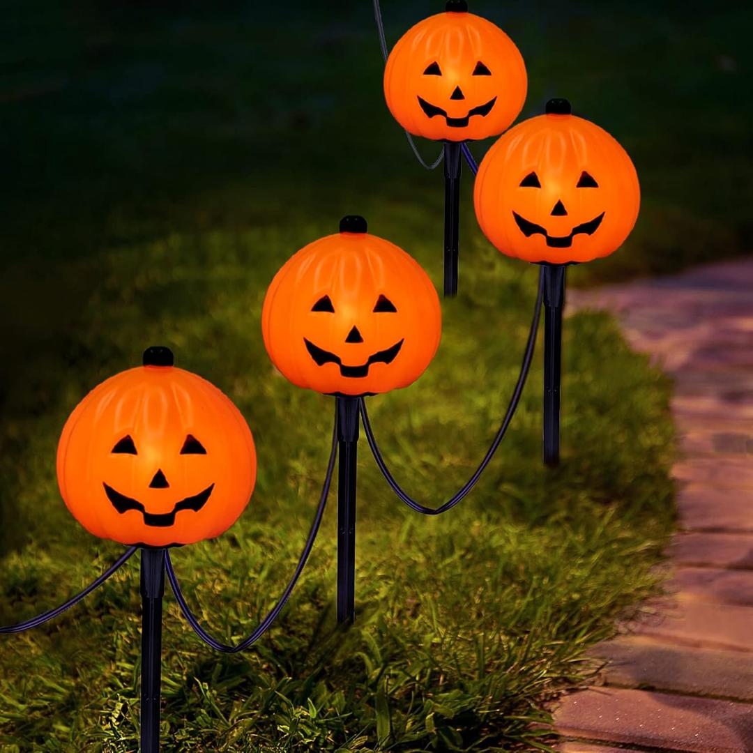 Pumpkin Pathway Lights With 4 Clear C7 Bulbs, Stakes for Outdoor Walkway Decor, Halloween Garden Pathway Markers, Landscape Lights for Party Decor