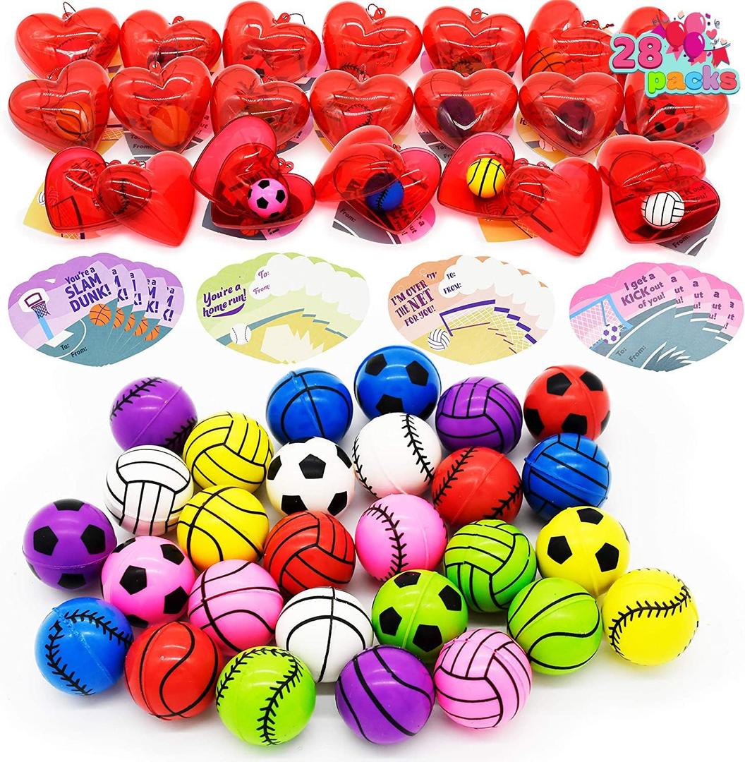 JOYIN 28 Packs Kids Valentine Day Sports Bouncy Ball with Prefilled Hearts and Valentine Cards for Kids Valentine Classroom Exchange, Kids Bouncy Balls for Class Exchange Game Prize
