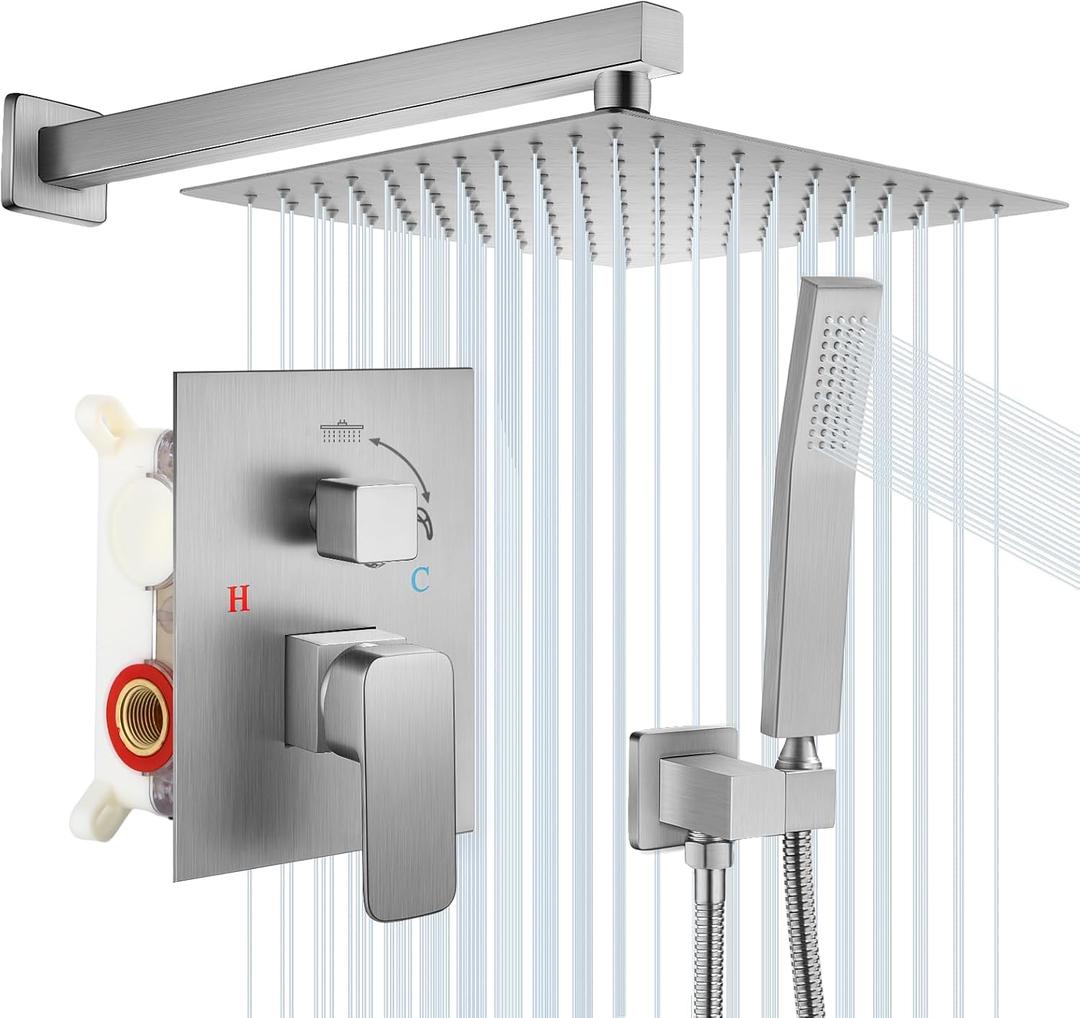 Rainfall Bathroom Shower System, 10-Inch Rain Shower Head and Handle Set, Wall Mounted Dual Shower Combo, All Metal Decorative Shower Luxury Kit Nickel-plated (with Shower Valve)