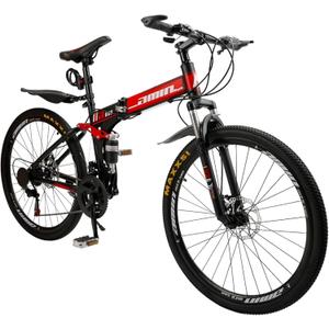 Bruce & Shark 26" Folding Mountain Bike for Men, 21 Speeds Full Suspension Commuter Bicycle, High Carbon Steel & Disc Brakes, Portable City Outdoor Bike for Adult Youth Teen
