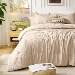 7 Pieces Bow Tufted Boho Comforter Set Khaki Farmhouse Shabby Chic Embroidered Bedding for All Seasons King Size with Comforter Sheets Pillowcases Shams