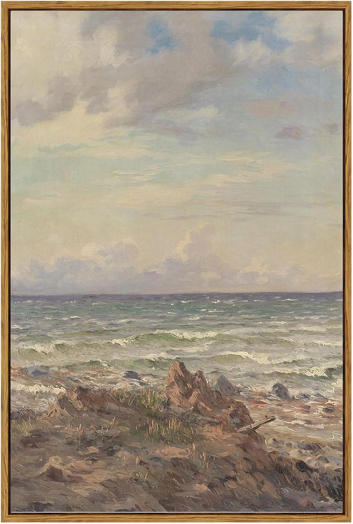 ARPEOTCY Large Framed Canvas Wall Art, Ocean Beach Pictures Decor, 24x36Inch, Bathroom Bedroom Summer Coastal Nature Decor, Vintage Paintings for Hallway Living Room (36L" x 24W")