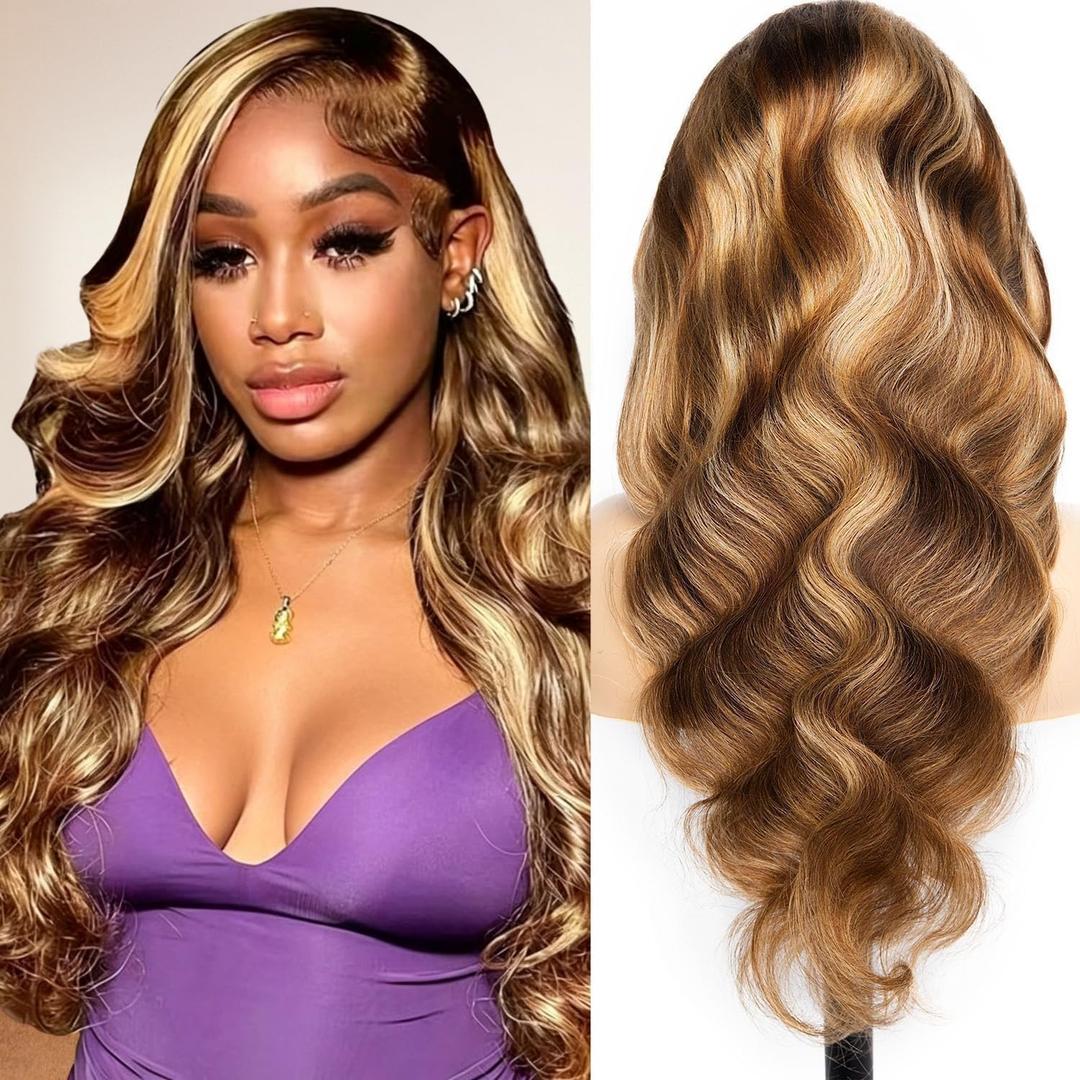 Yeuoin #4/27 Ombre Highlight Lace Front Wigs Human Hair Pre Cut 5X5 Glueless Honey Blonde Body Wave Wigs for Women Pre Plucked with Baby Hair Lace Closure wig 200% Density 22 Inch