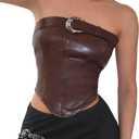 OYOANGLE Women's Buckle Detail Strapless Tube Top Asymmetrical Hem Pu Leather Crop Tank Tops Small 
