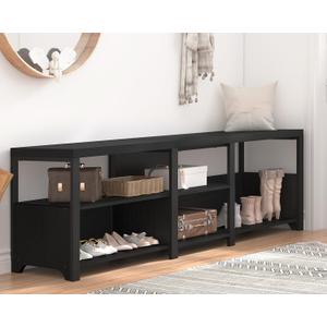 HSH Black Bench, 57 Long Entryway Bench with Shoe Storage, Corner Convertible Storage Bench with Shelf for Foyer Entrance, Wooden Metal L Shaped Shoe Rack Benchs for Bedroom Living Room, Black Oak