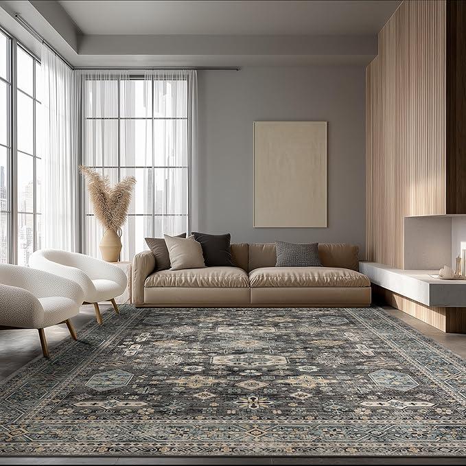 Ruaruarug Area Rug Non Slip Machine Washable Ultra Soft Living Room/Bedroom/Kitchen/Outdoor/Classroom, Black Grey, 8'10'