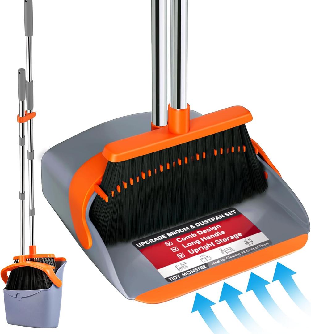 Upgraded Broom and Dustpan Set, 52" Long Handle Standing Combo with Self-Cleaning Teeth  Perfect for Pet Hair, Kitchen, Office, Home, Indoor & Outdoor Cleaning(Orange & Gray)