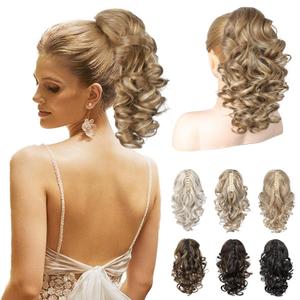REECHO 12" Ponytail Extension, Classic Loose Curly Wavy Claw Clip Pony tails Hair Extensions Hairpieces for Women - Dark Blonde with Highlights