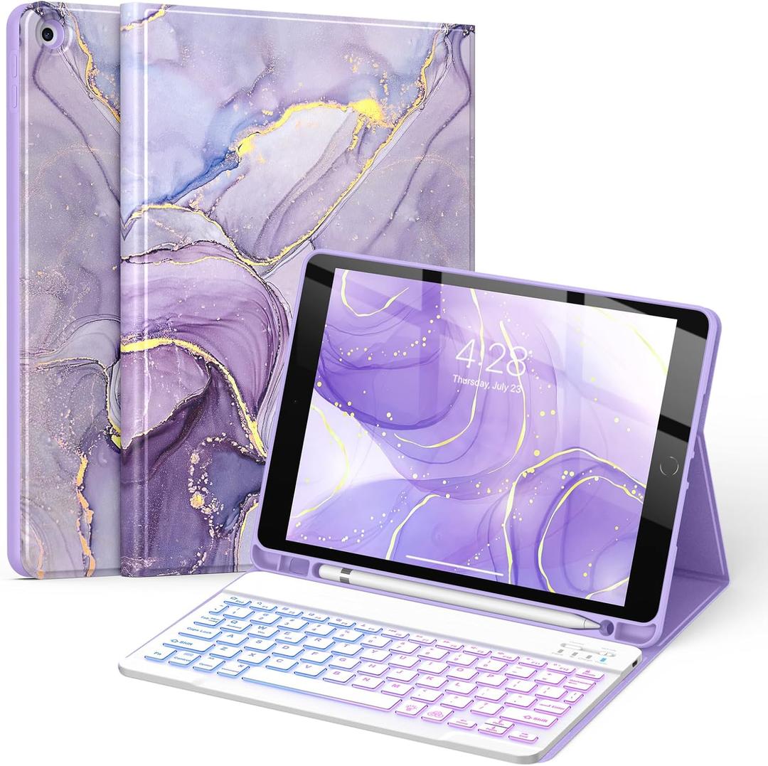 Soke for iPad 9th/8th/7th Generation Case with Keyboard 10.2 Inch-7 Color Backlitght Magnetic Wireless Detachable Folio Keyboard Cover with Pencil Holder for Apple iPad Gen 9/8/7, Violet Marble